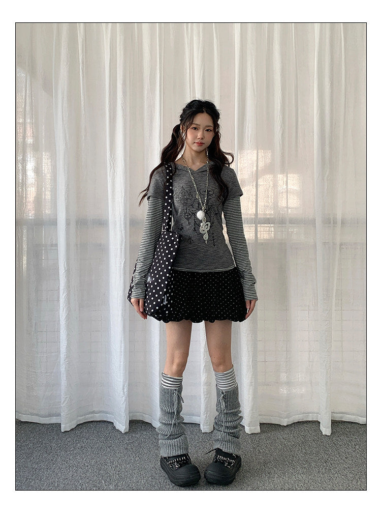Striped Layered Hooded Graphic Long Sleeve Top