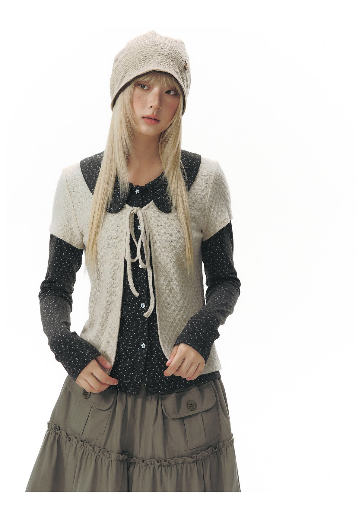 Doll-Collar Long Sleeve & Tie-Front Cardigan Set