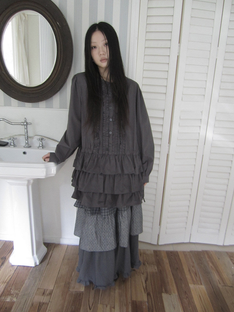 Ruffle-Trim Button Tiered Long Sleeve Tunic Top