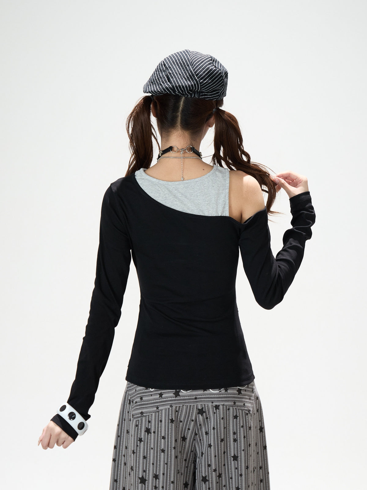 Star Melody Off-Shoulder Long Sleeve Top & Contrast Pocket Wide-Leg Pants