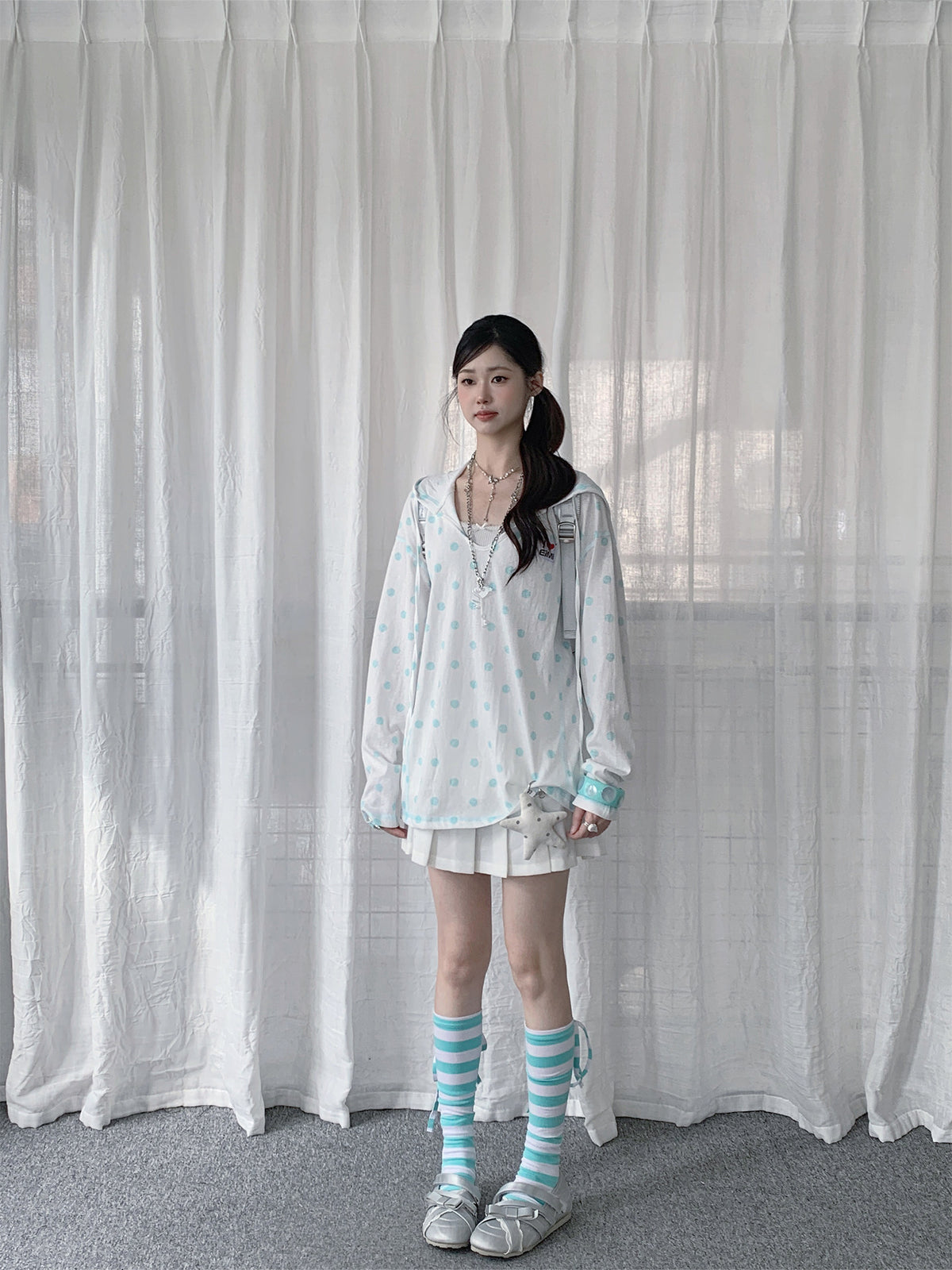 Mint Polka Dot Lightweight Hooded Cover-Up
