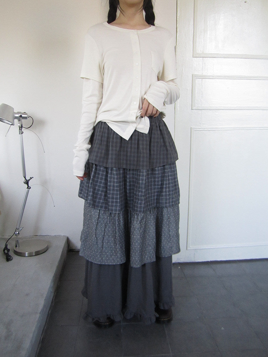 Layered Plaid & Polka Dot Tiered Maxi Skirt