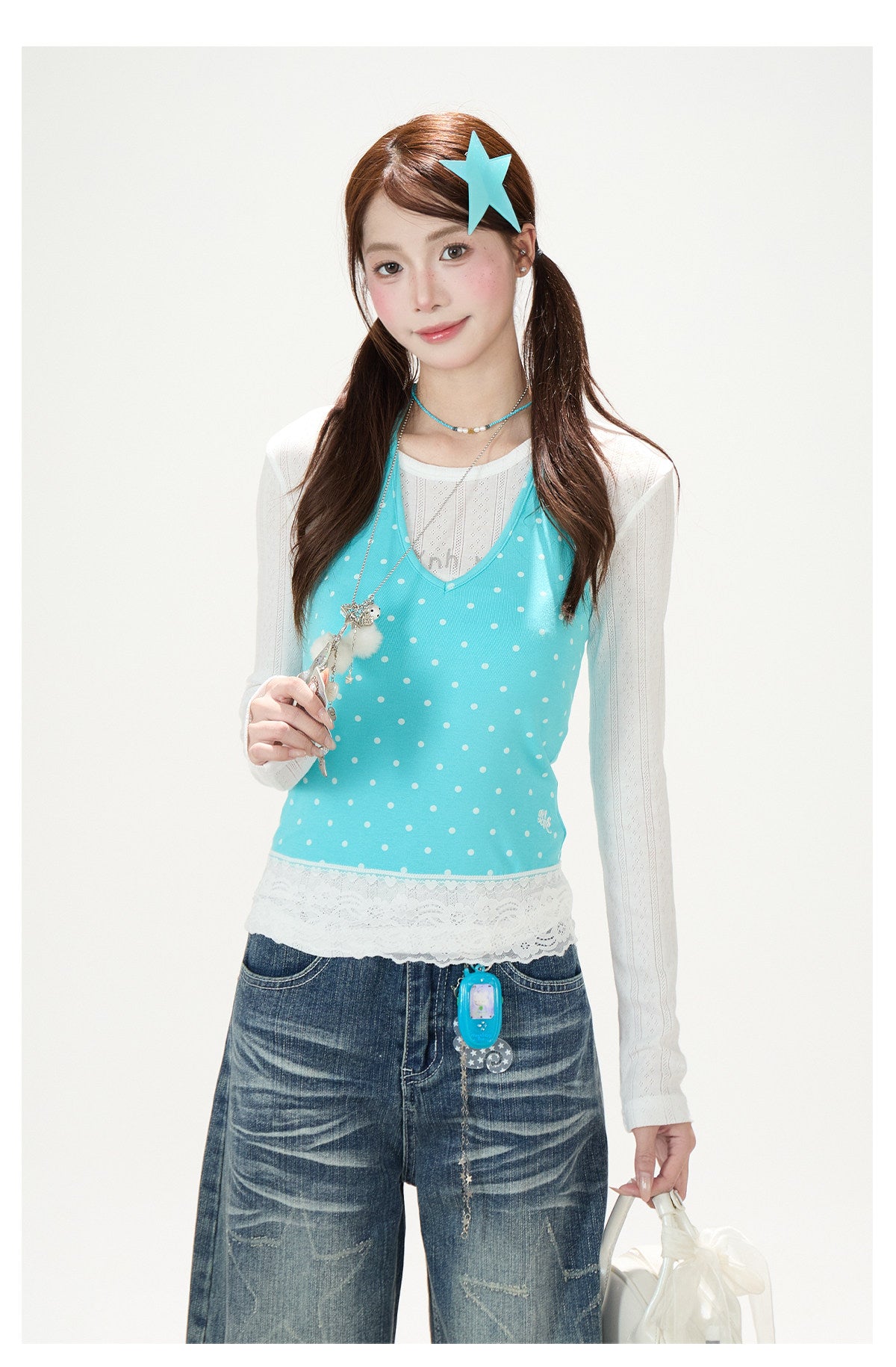 Sheer Cat Doodle Long Sleeve Top, Polka-Dot Cami & Washed Wide-Leg Jeans