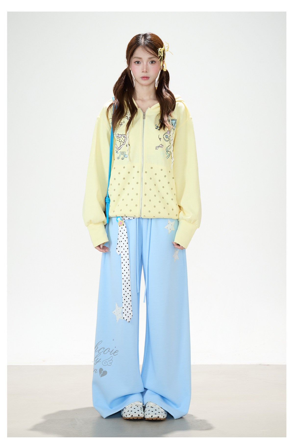 Hand-Drawn Polka-Dot Zip-Up Hoodie & Pink Ruffle Mini Skirt