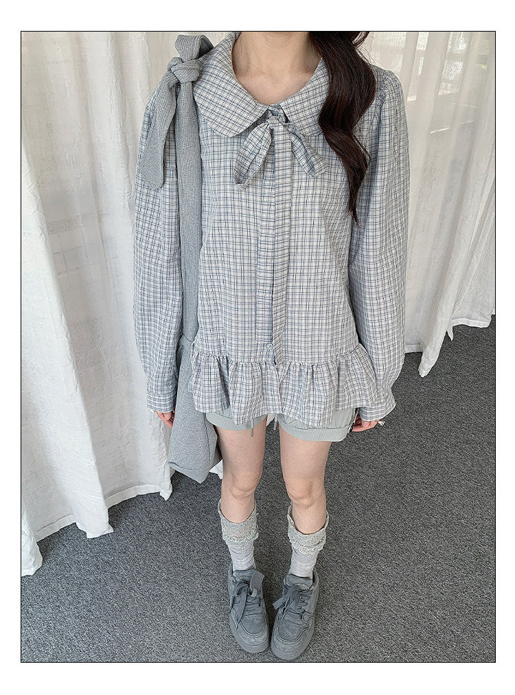 Plaid Bow Collar Ruffle Long Sleeve Blouse