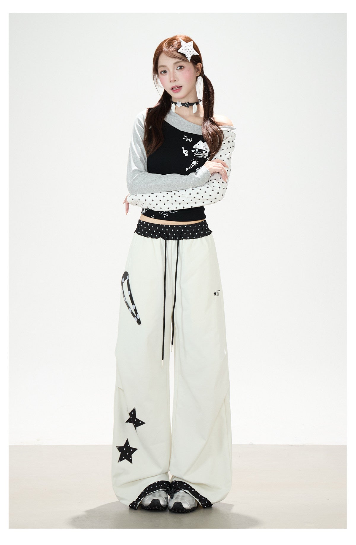 Star Polka-Dot Patchwork Wide-Leg Cargo Pants