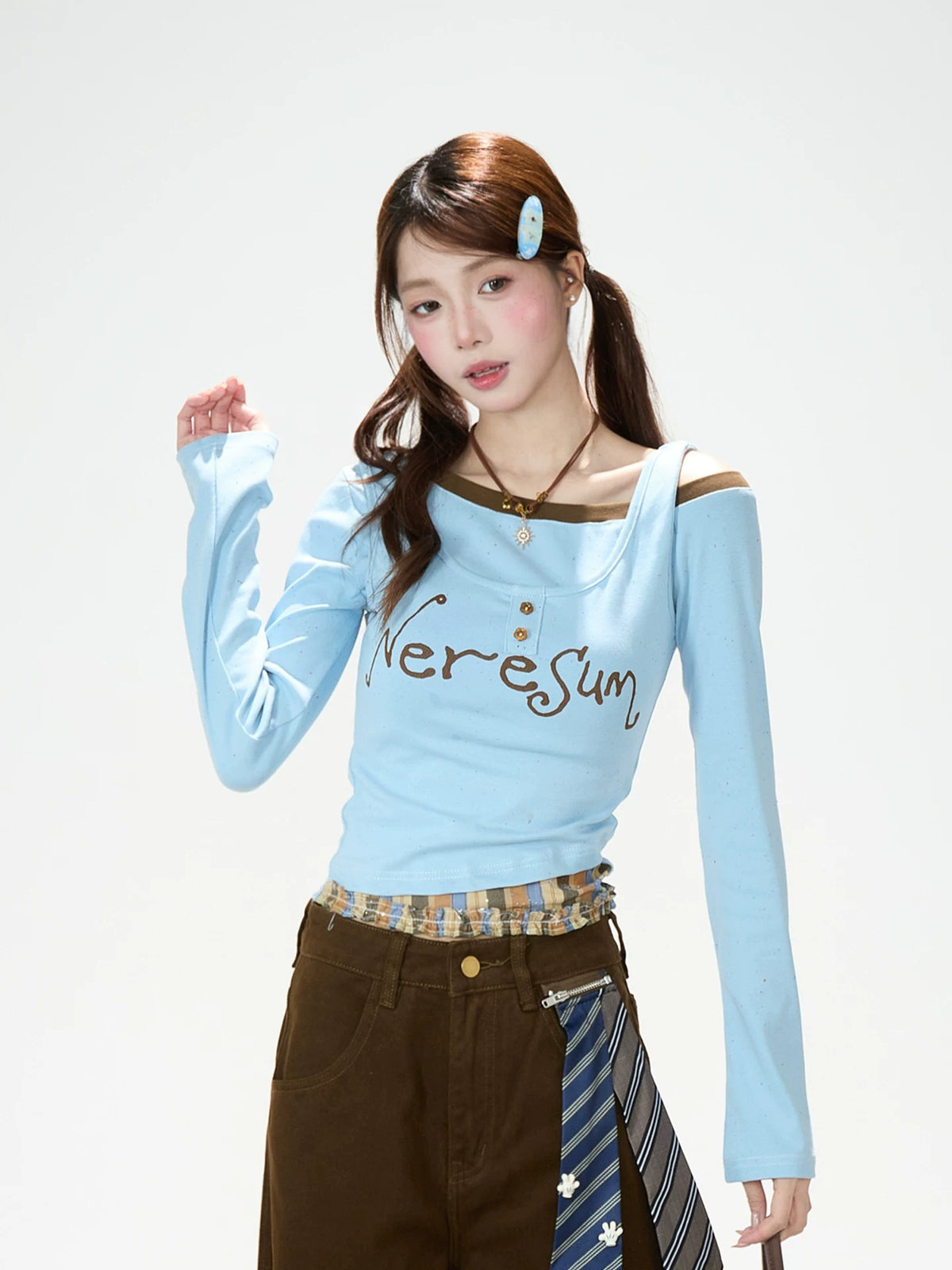 Letter Print Layered Long Sleeve Top & Star Patch Wide-Leg Jeans