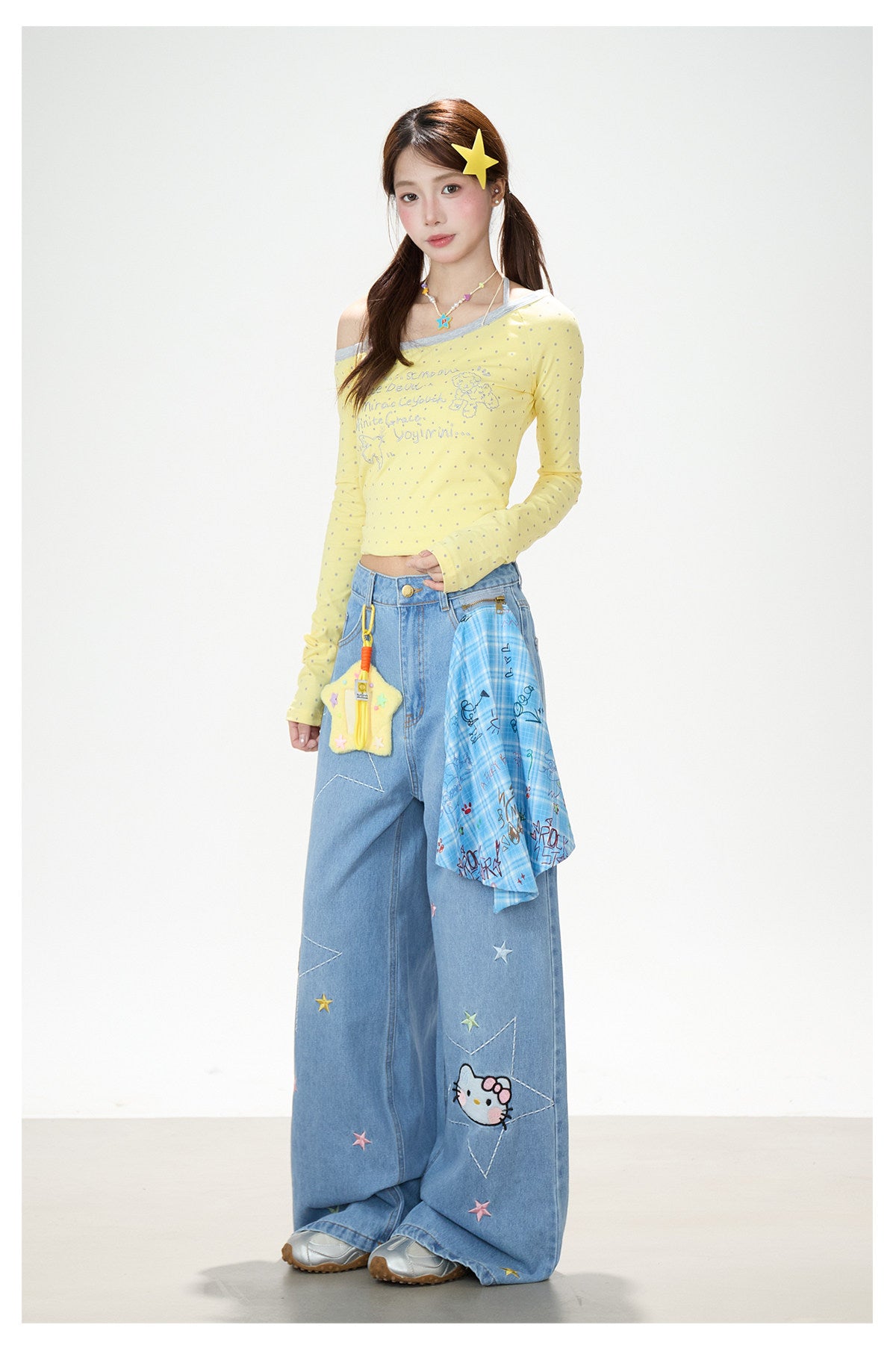 Polka-Dot Halter Off-Shoulder Long Sleeve Top & Wing Lace Wide-Leg Cargo Pants