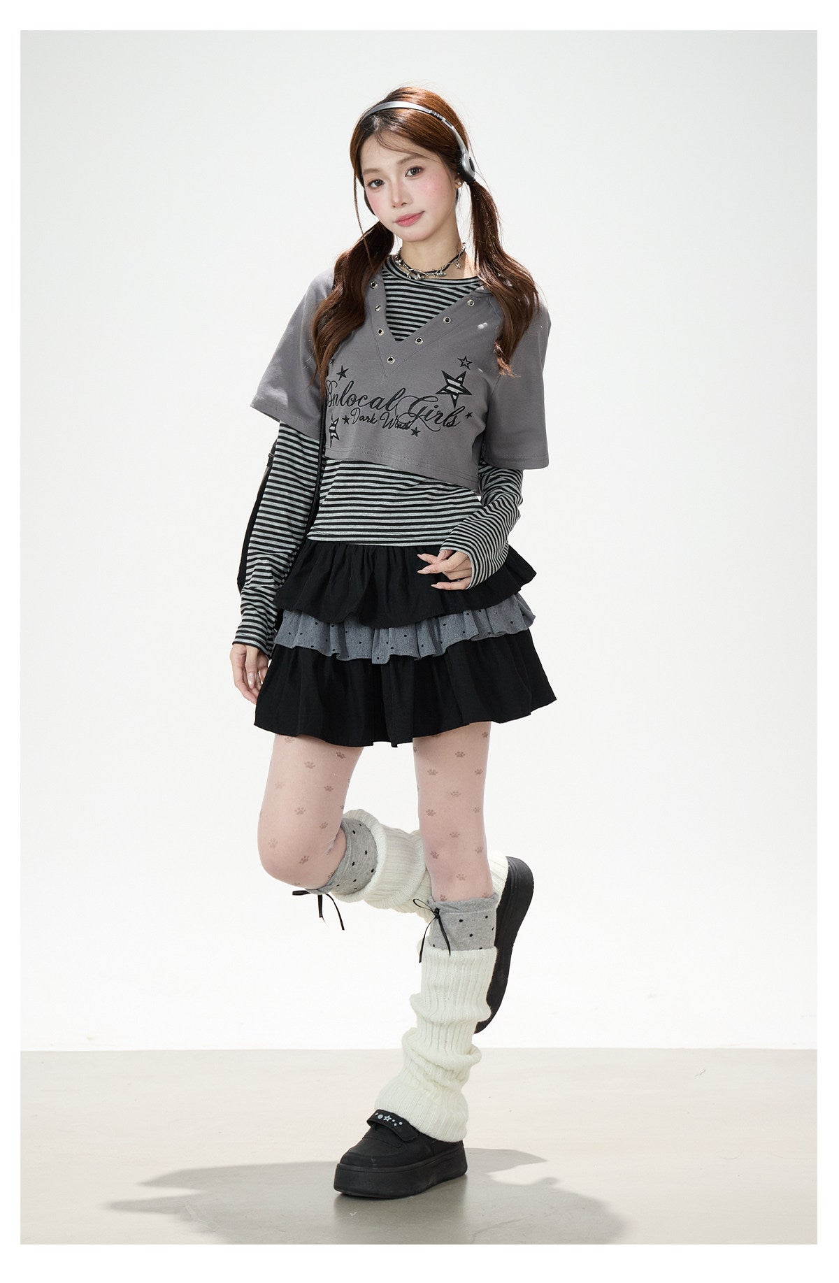 Graphic Cropped Hooded Tee, Striped Layering Long Sleeve Top & Tiered Mini Skirt