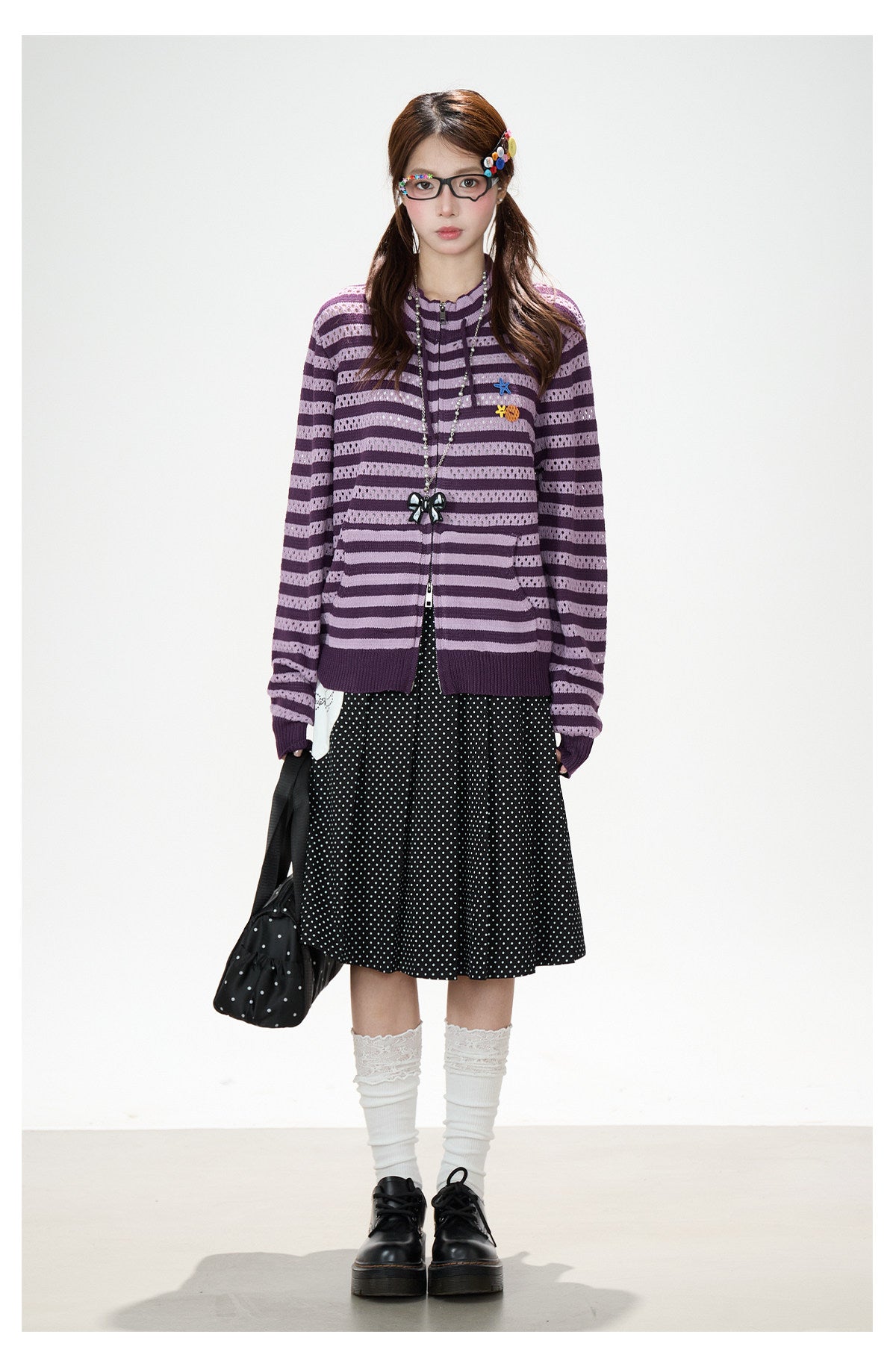 Striped Openwork Knit Cardigan & Black Polka-Dot Pleated Midi Skirt