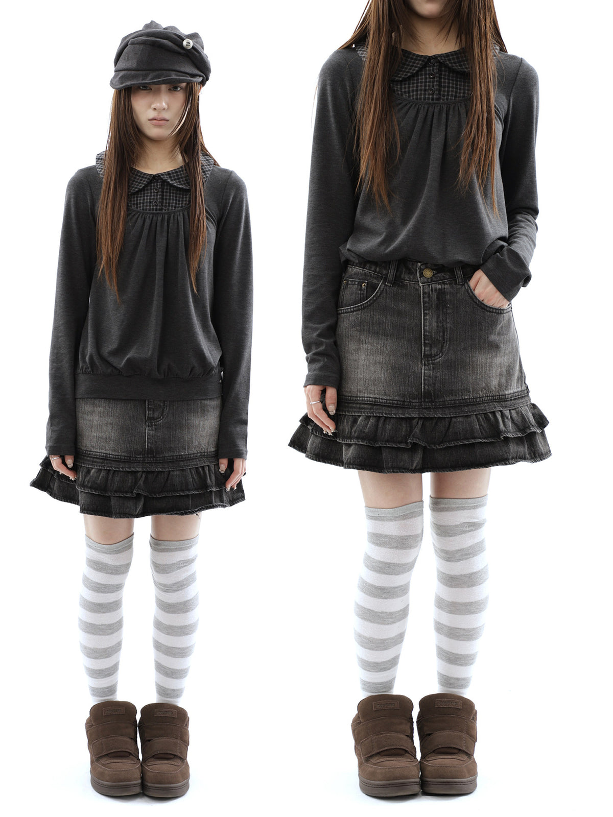 Washed Black Double-Ruffle Denim Mini Skirt