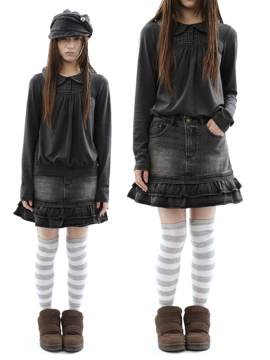 Washed Black Double-Ruffle Denim Mini Skirt