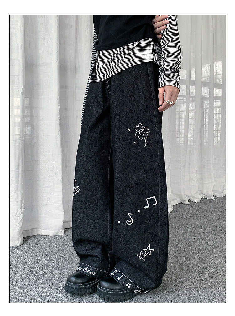 Star Music Note Wide-Leg Denim Jeans