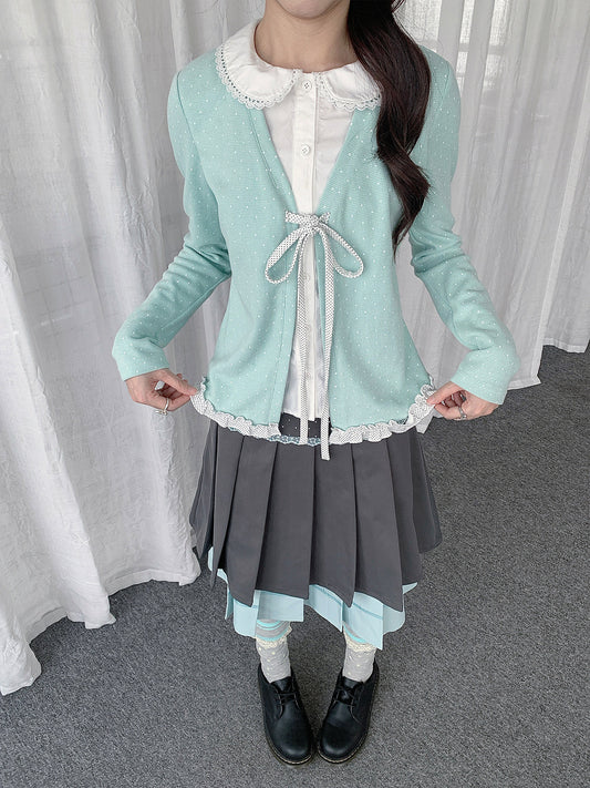 Polka Dot Lace-Collar Layered Tie Long Sleeve Top