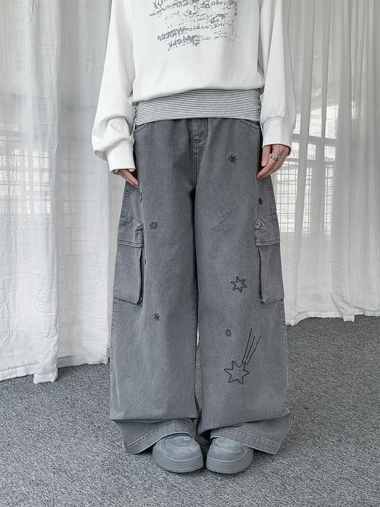 Star Embroidered Cargo Wide-Leg Jeans