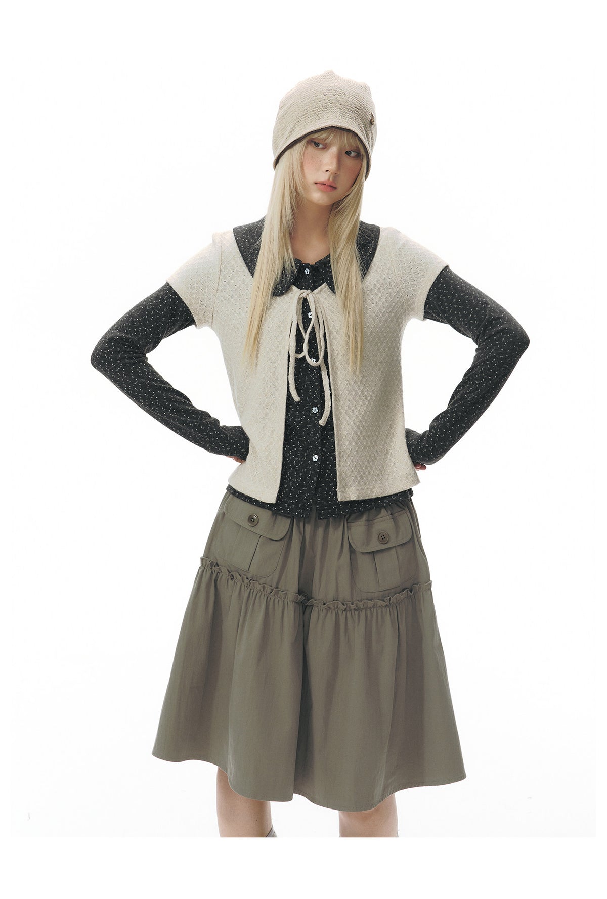 Doll-Collar Long Sleeve & Tie-Front Cardigan Set