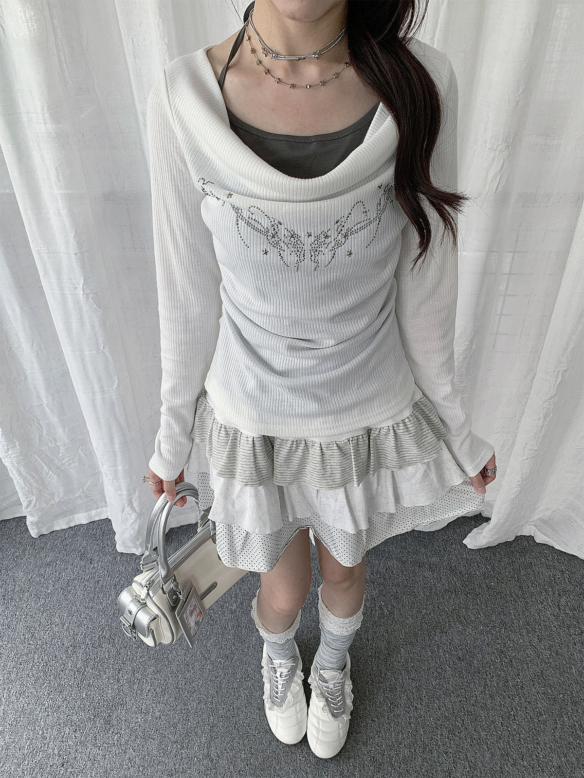 Rhinestone Cowl-Neck Layered Long Sleeve Top