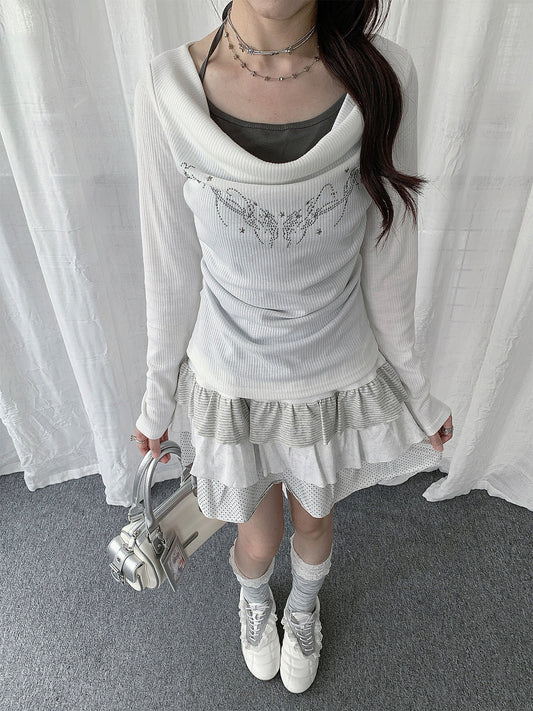 Rhinestone Cowl-Neck Layered Long Sleeve Top