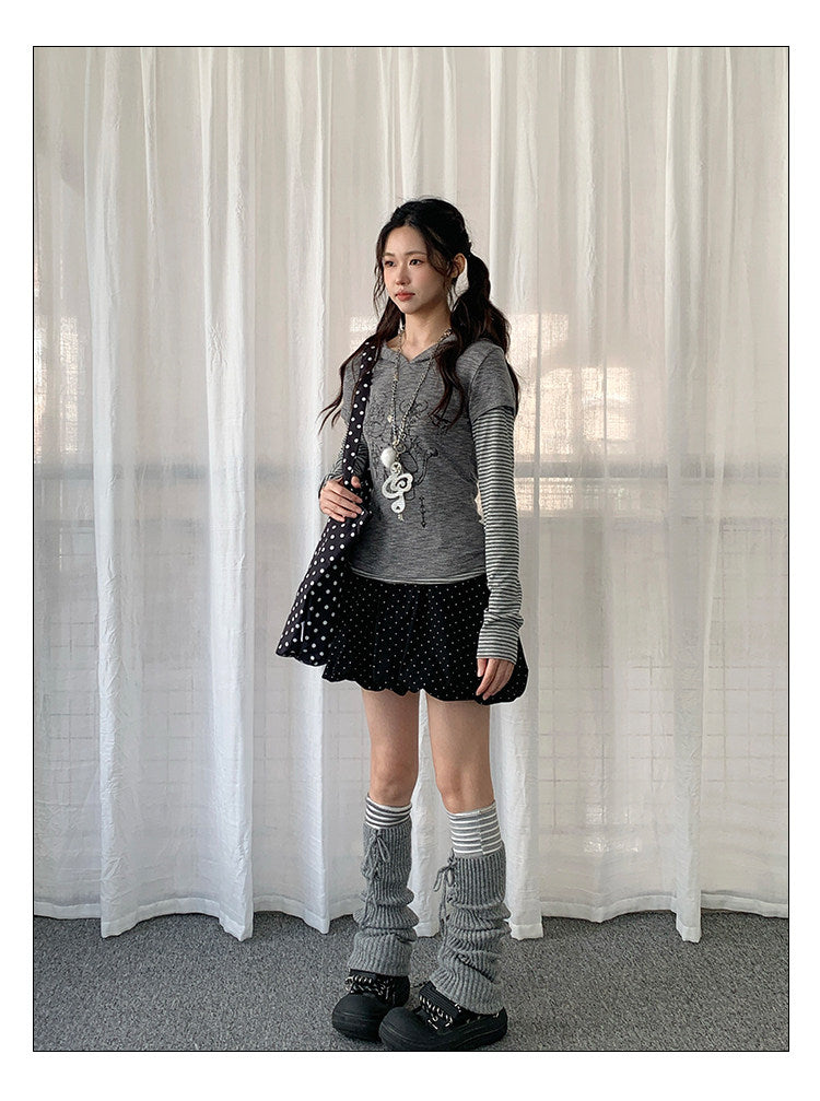 Striped Layered Hooded Graphic Long Sleeve Top