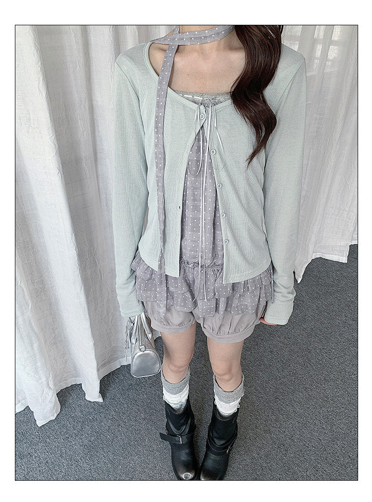 Polka Dot Lace Trim Cami & Cardigan Set