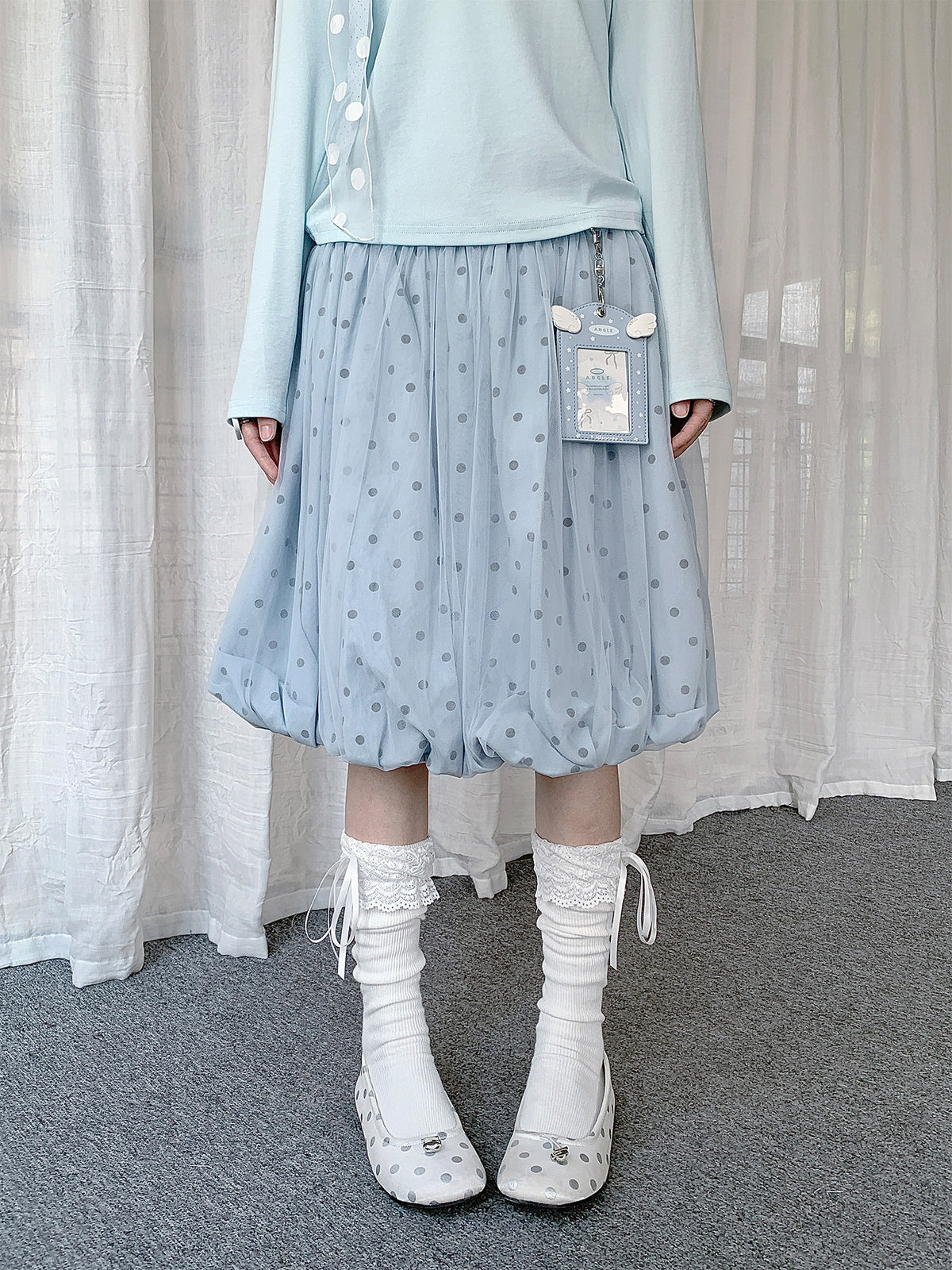 Powder Blue Polka Dot Bubble Midi Skirt