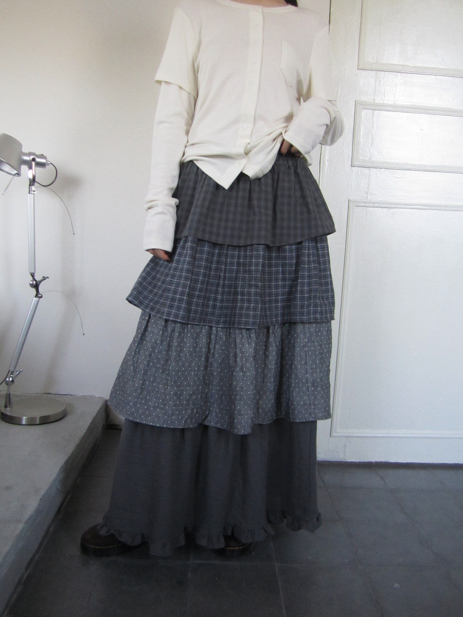 Layered Plaid & Polka Dot Tiered Maxi Skirt