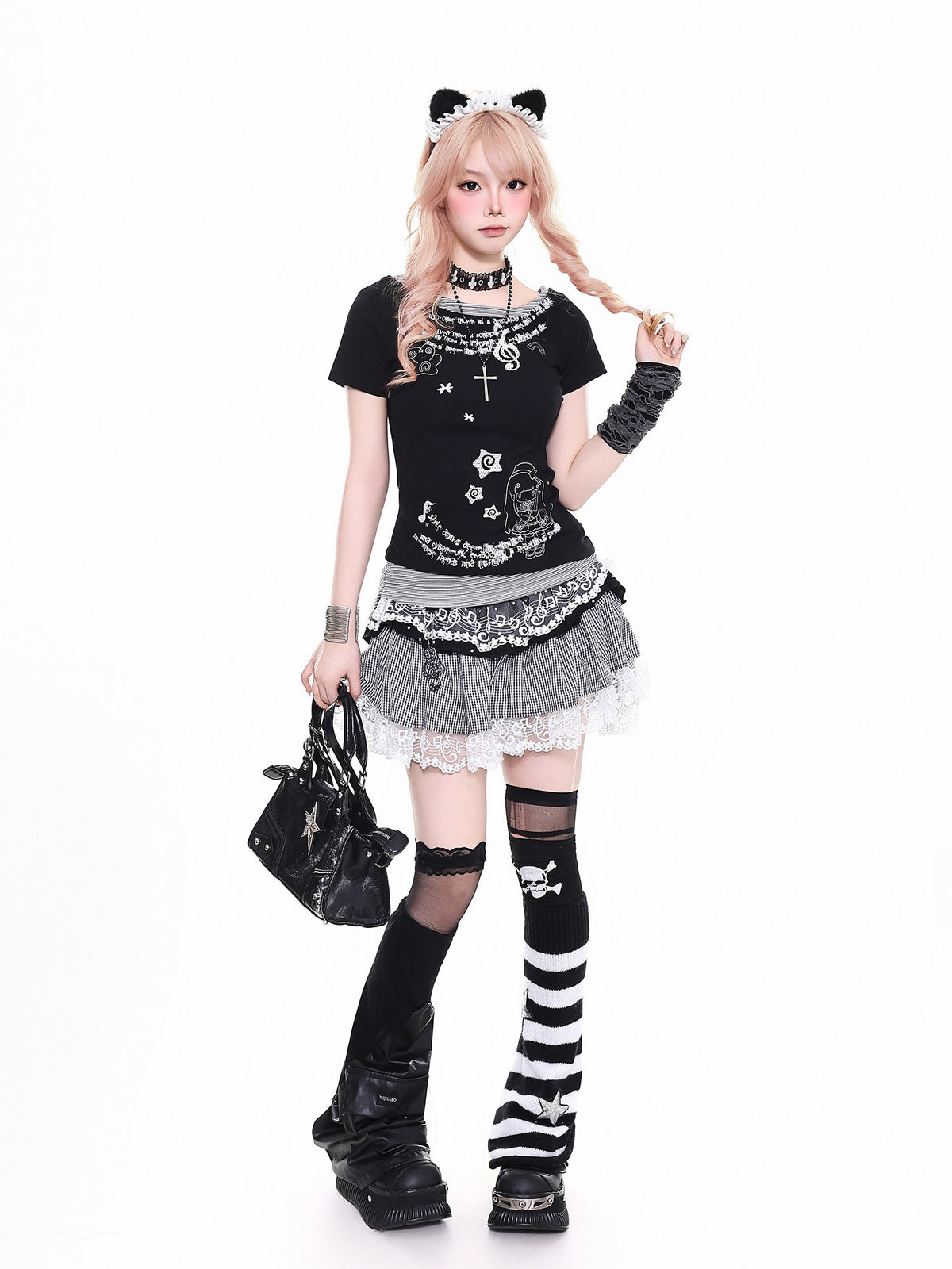Polka Dot Faux Layered Graphic Tee & Music Lace Gingham Mini Skirt