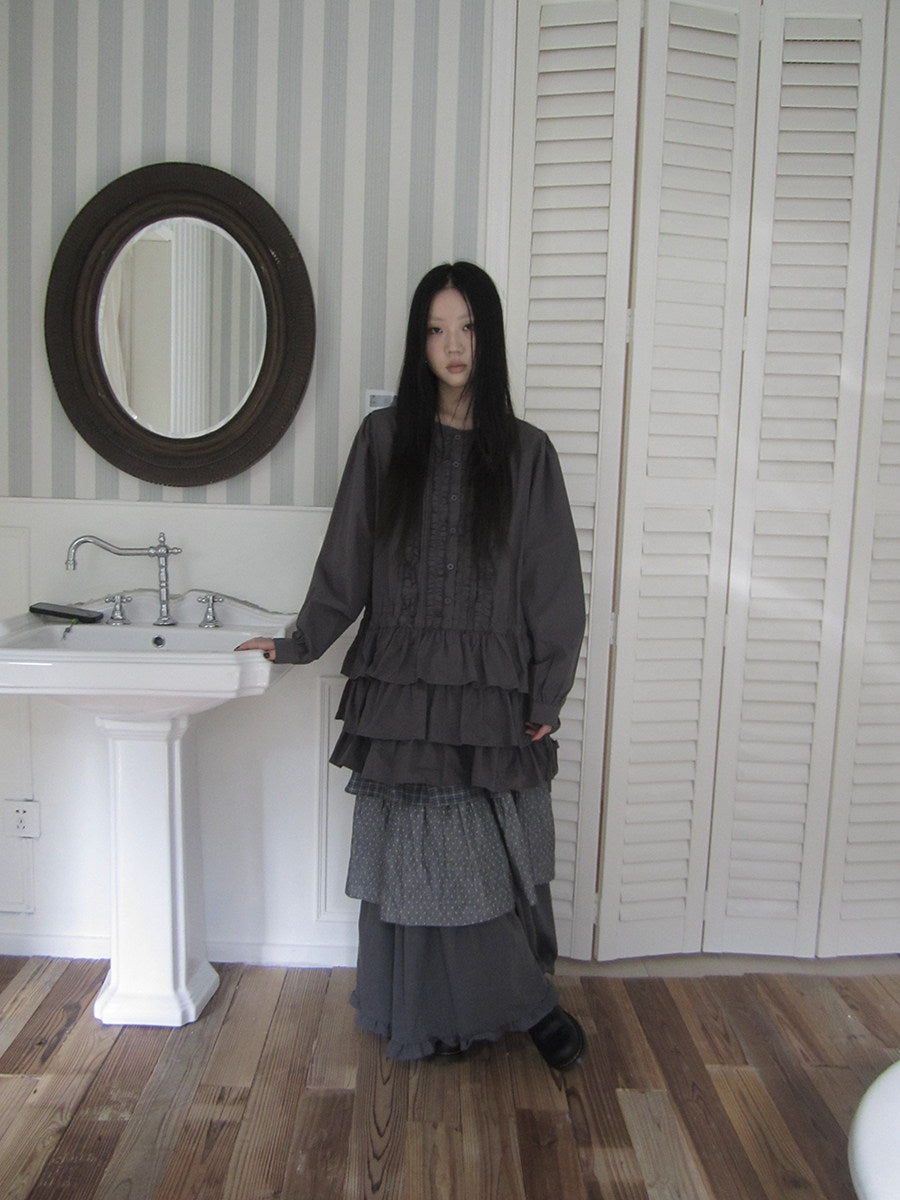 Ruffle-Trim Button Tiered Long Sleeve Tunic Top
