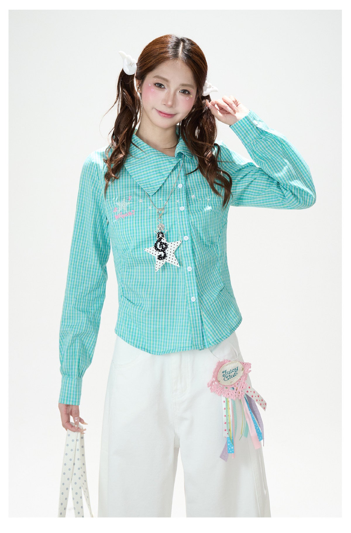 Green Check Fitted Shirt & White Wide-Leg Pants