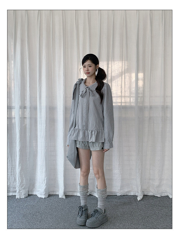 Plaid Bow Collar Ruffle Long Sleeve Blouse