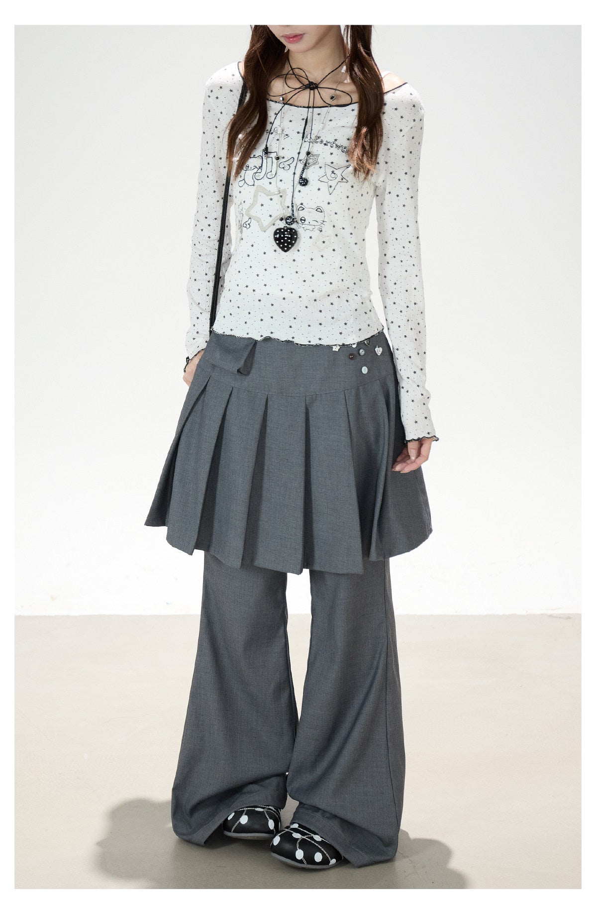 Star Cartoon Fitted Long Sleeve Top & Pleated Skirt-Layer Wide-Leg Pants