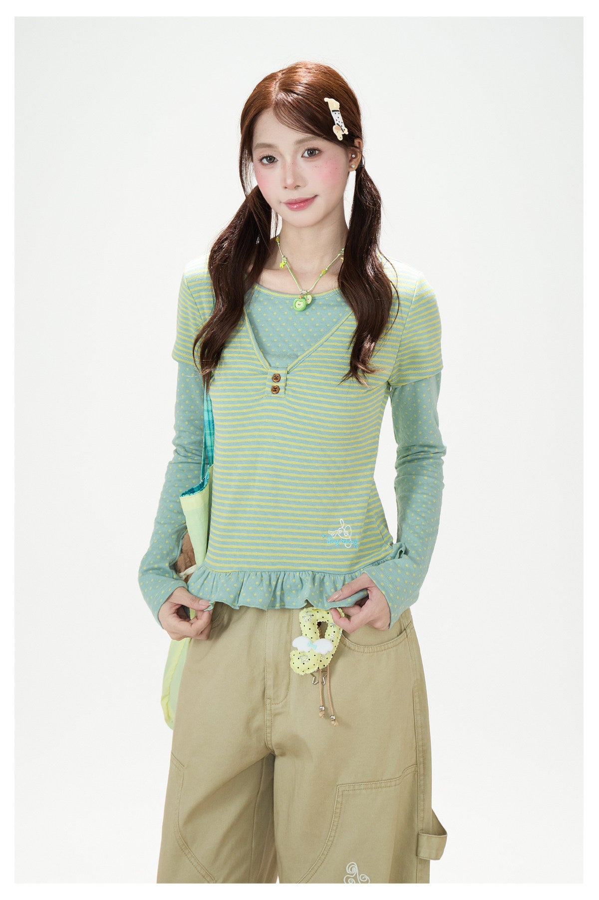 Polka-Dot Stripe Layered Long Sleeve Top & Embroidered Khaki Wide-Leg Cargo Pants