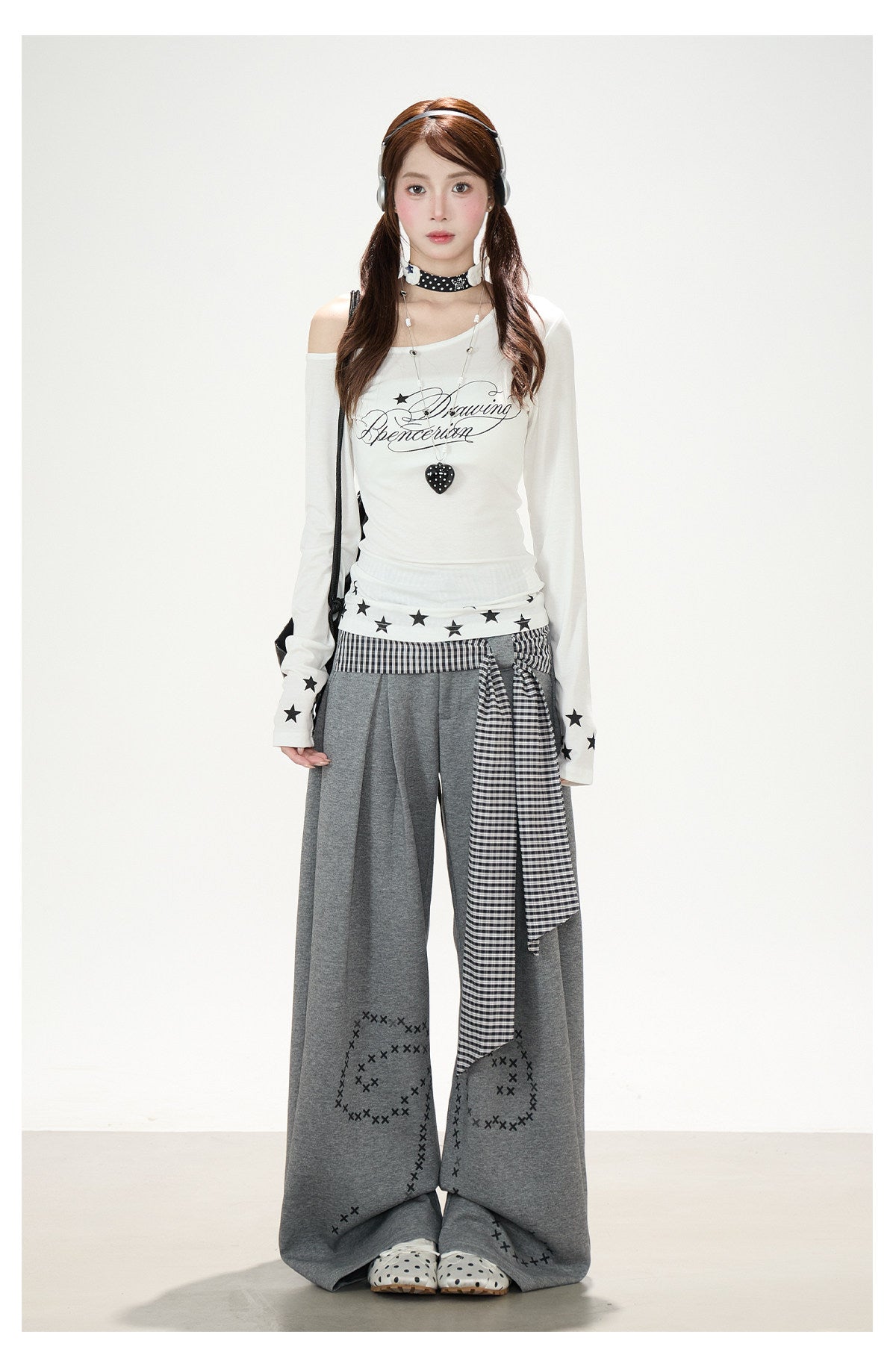 Plaid Tie-Panel Wide-Leg Sweatpants