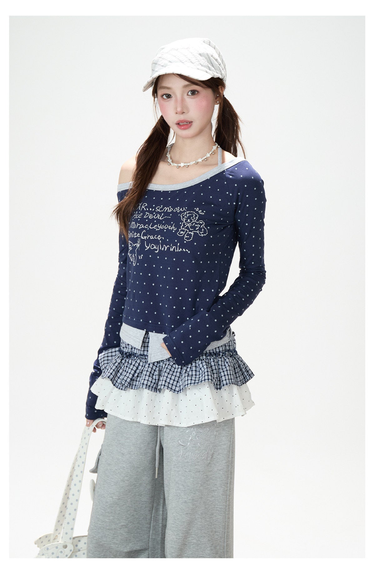 Polka-Dot Halter Off-Shoulder Long Sleeve Top & Wing Lace Wide-Leg Cargo Pants