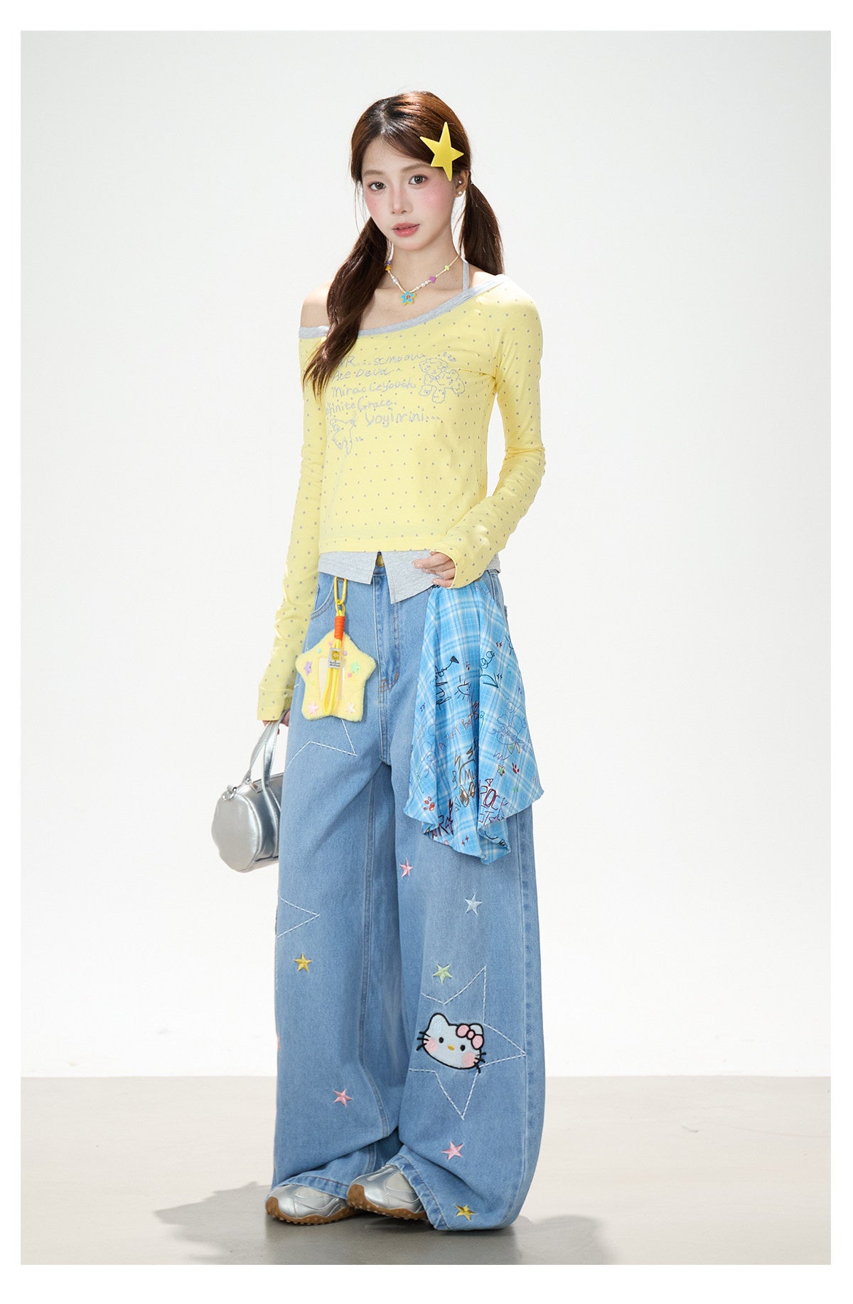 Letter Polka-Dot Off-Shoulder Layered Long Sleeve Top & Cartoon Star Wide-Leg Jeans with Charm