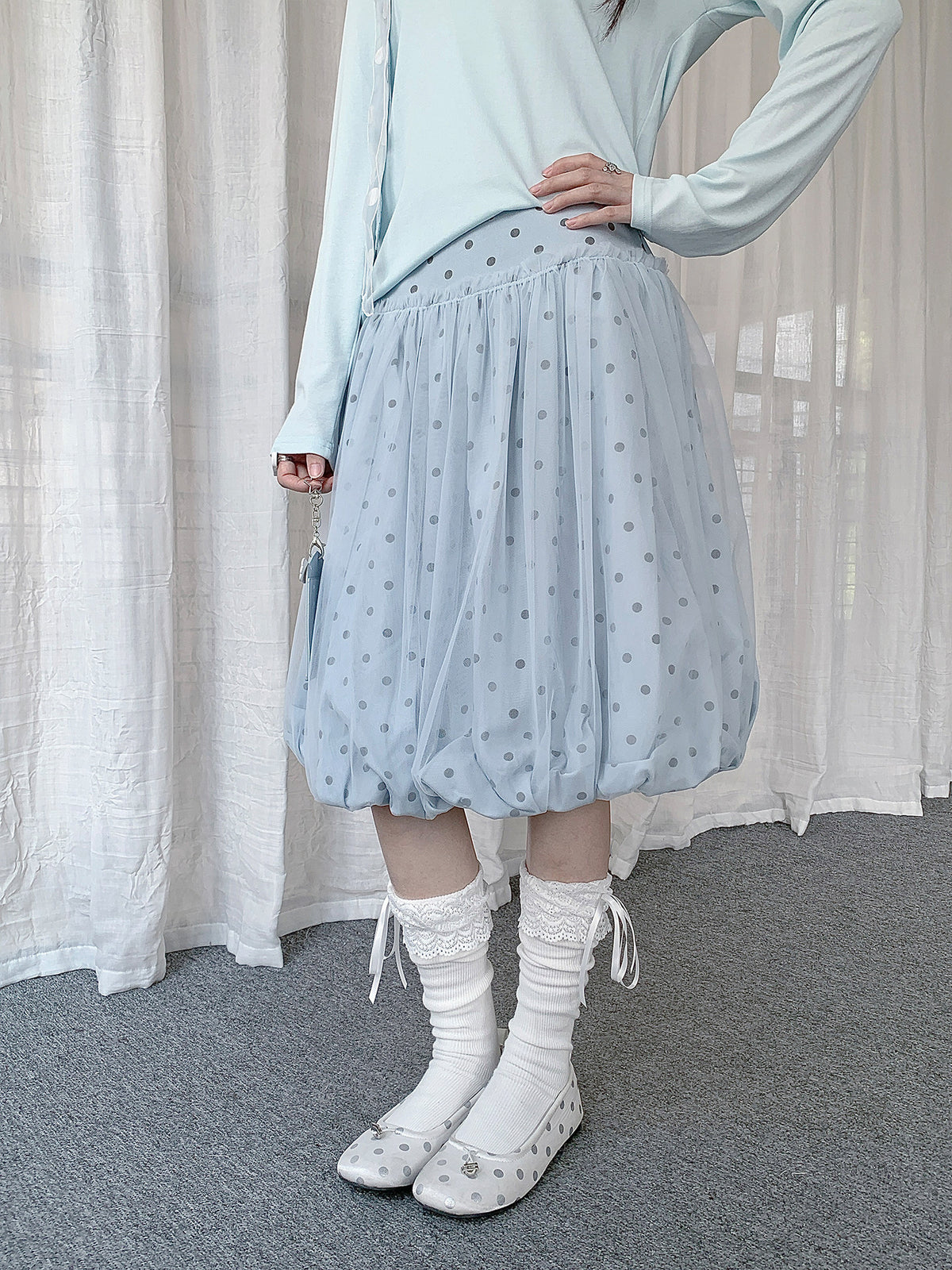 Powder Blue Polka Dot Bubble Midi Skirt