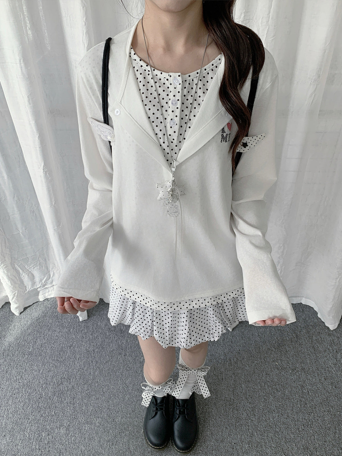 Polka Dot Layered Henley Long Sleeve Top