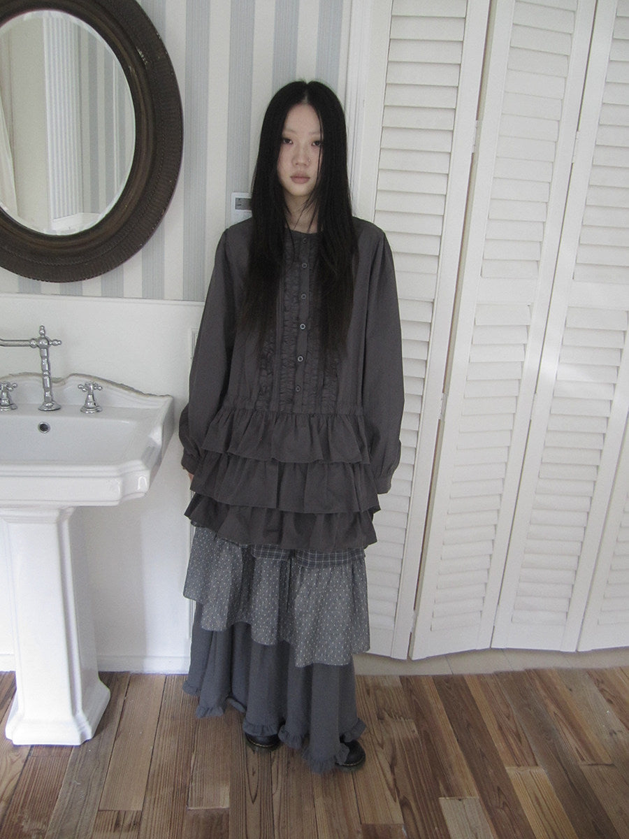 Ruffle-Trim Button Tiered Long Sleeve Tunic Top