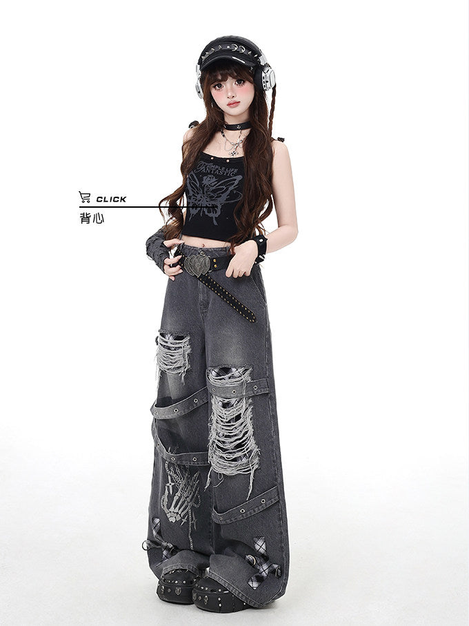 Skeleton Hand Distressed Strap Wide-Leg Jeans
