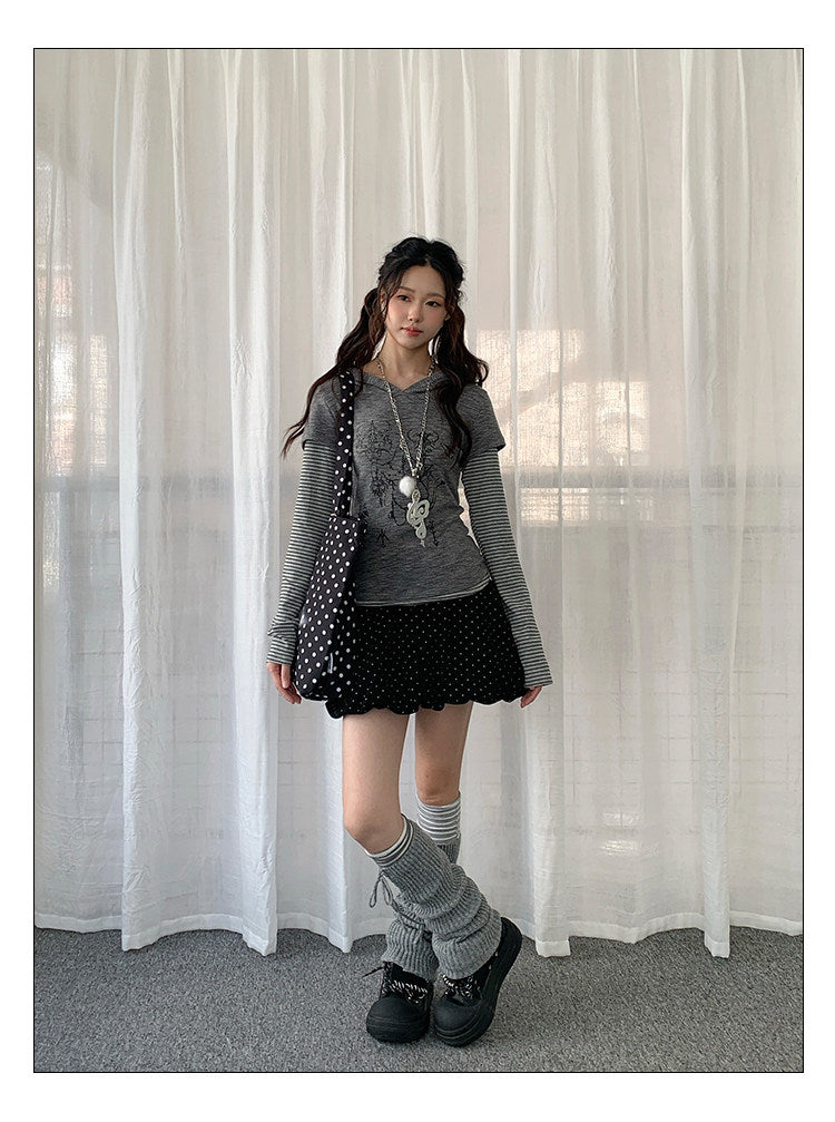Striped Layered Hooded Graphic Long Sleeve Top