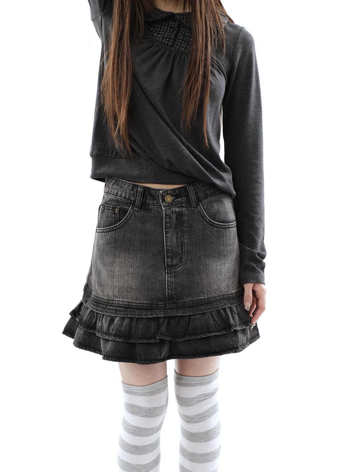Washed Black Double-Ruffle Denim Mini Skirt