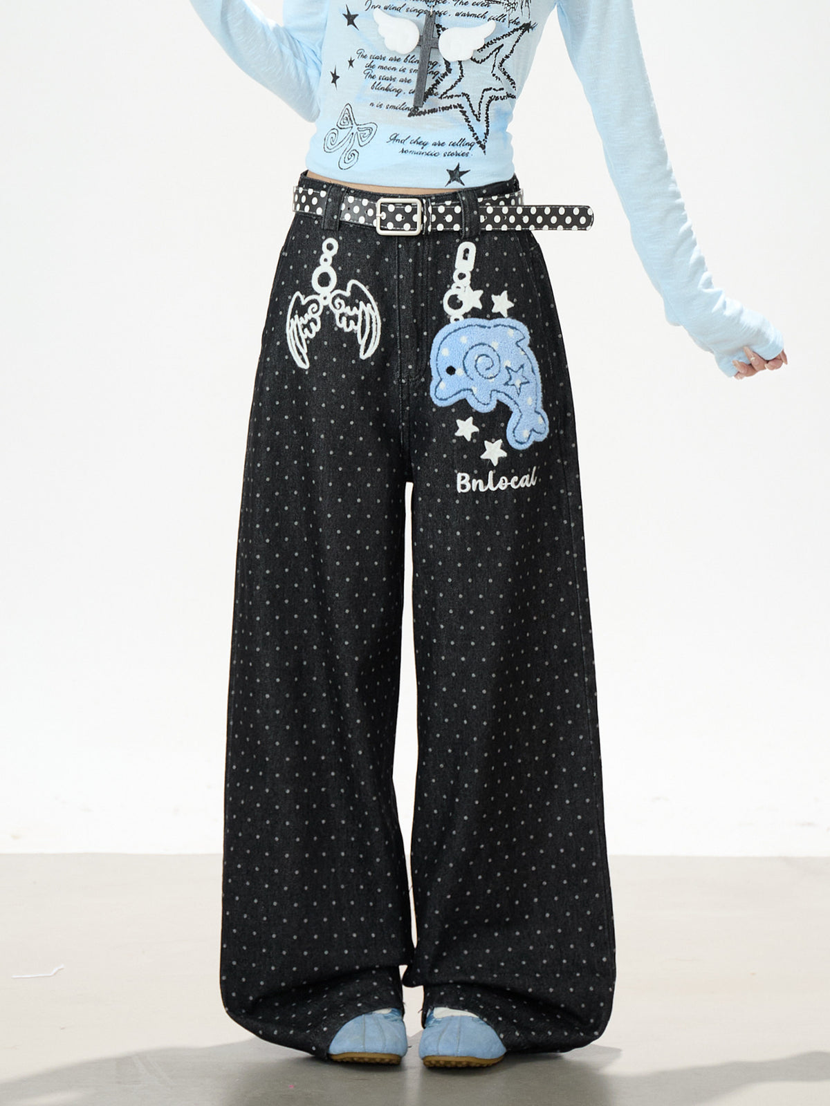 Dolphin Embroidered Polka Dot Wide-Leg Jeans