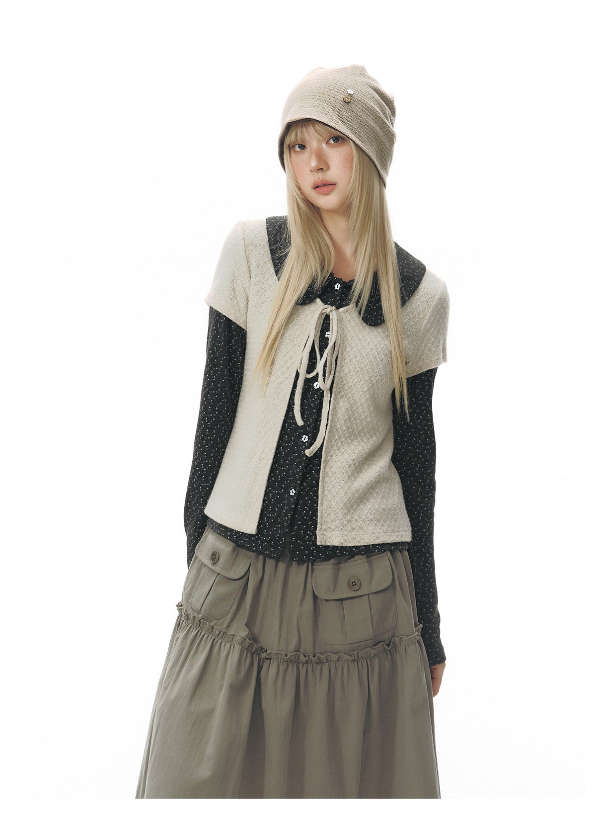 Doll-Collar Long Sleeve & Tie-Front Cardigan Set