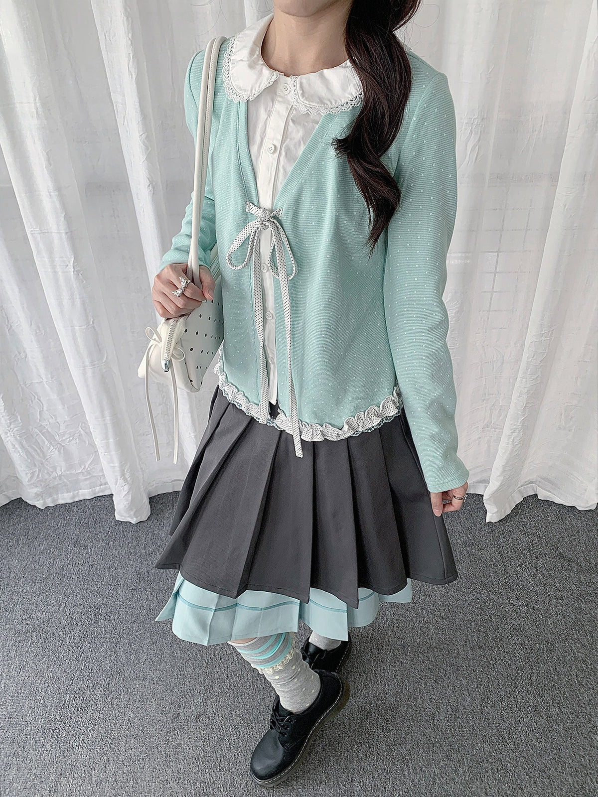 Polka Dot Lace-Collar Layered Tie Long Sleeve Top