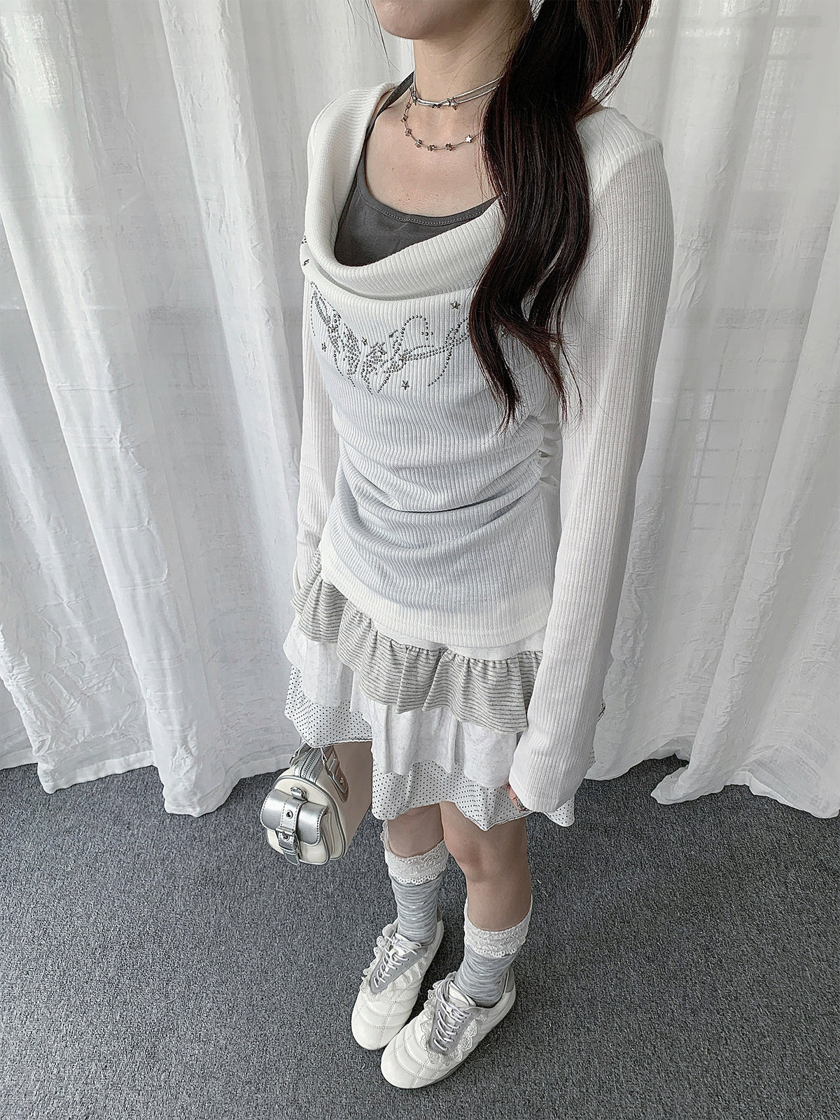 Rhinestone Cowl-Neck Layered Long Sleeve Top