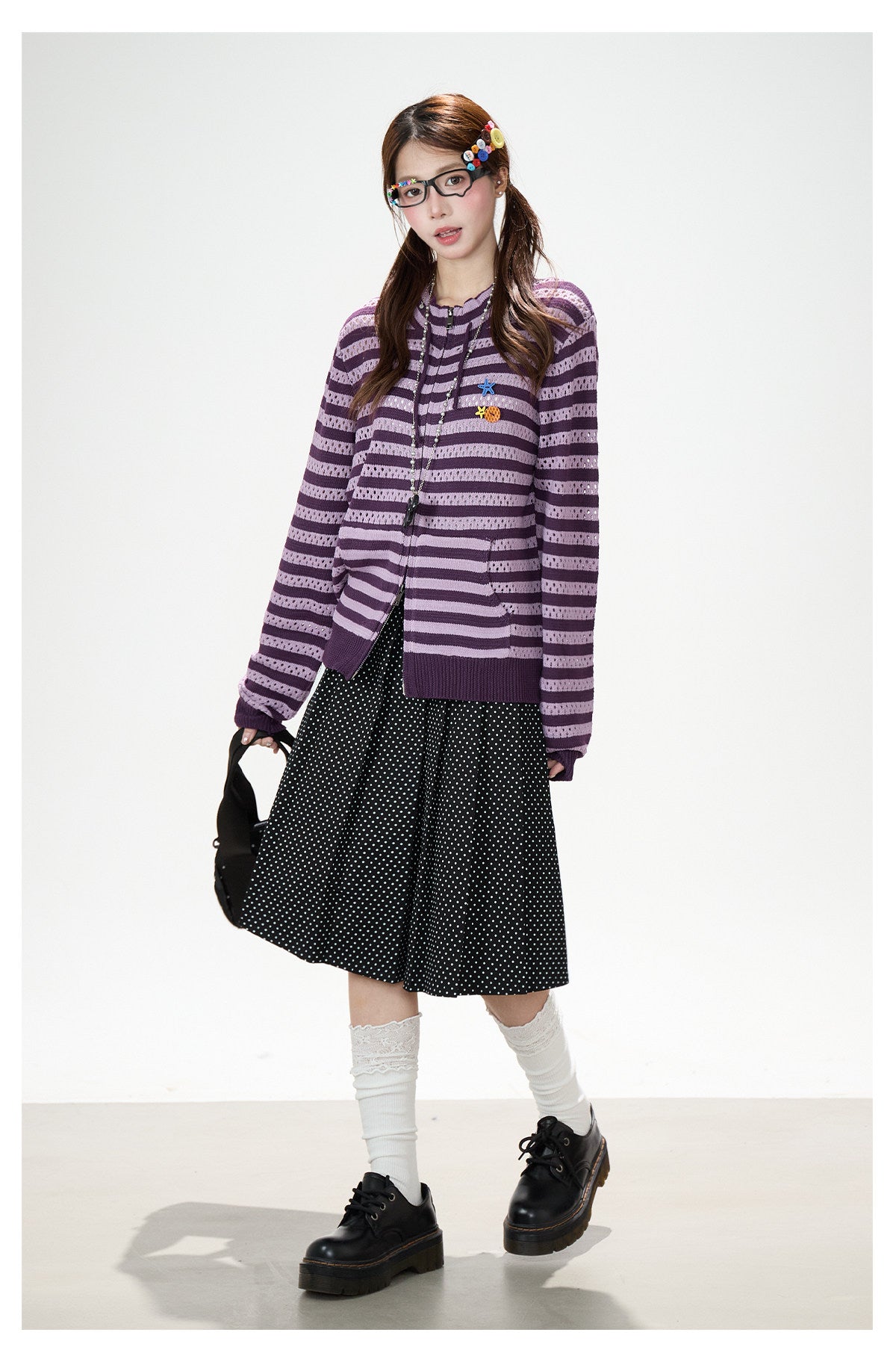 Striped Openwork Knit Cardigan & Black Polka-Dot Pleated Midi Skirt
