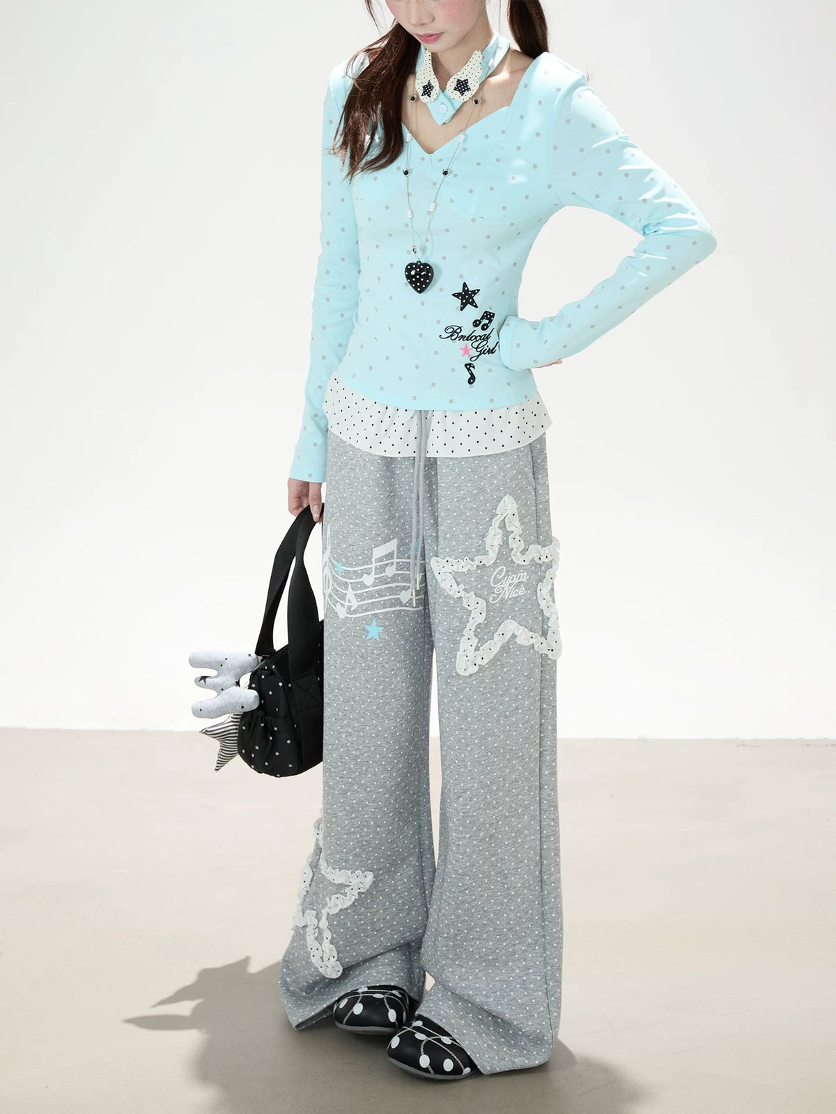 Polka-Dot V-Neck Long Sleeve Top & Lace Star Wide-Leg Pants