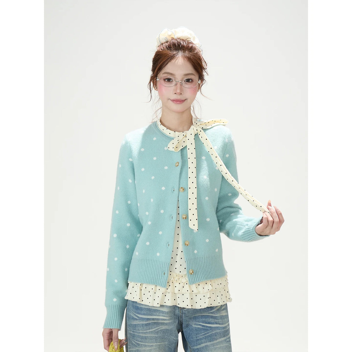 Polka-Dot Jacquard Knit Cardigan & Washed Flare Jeans