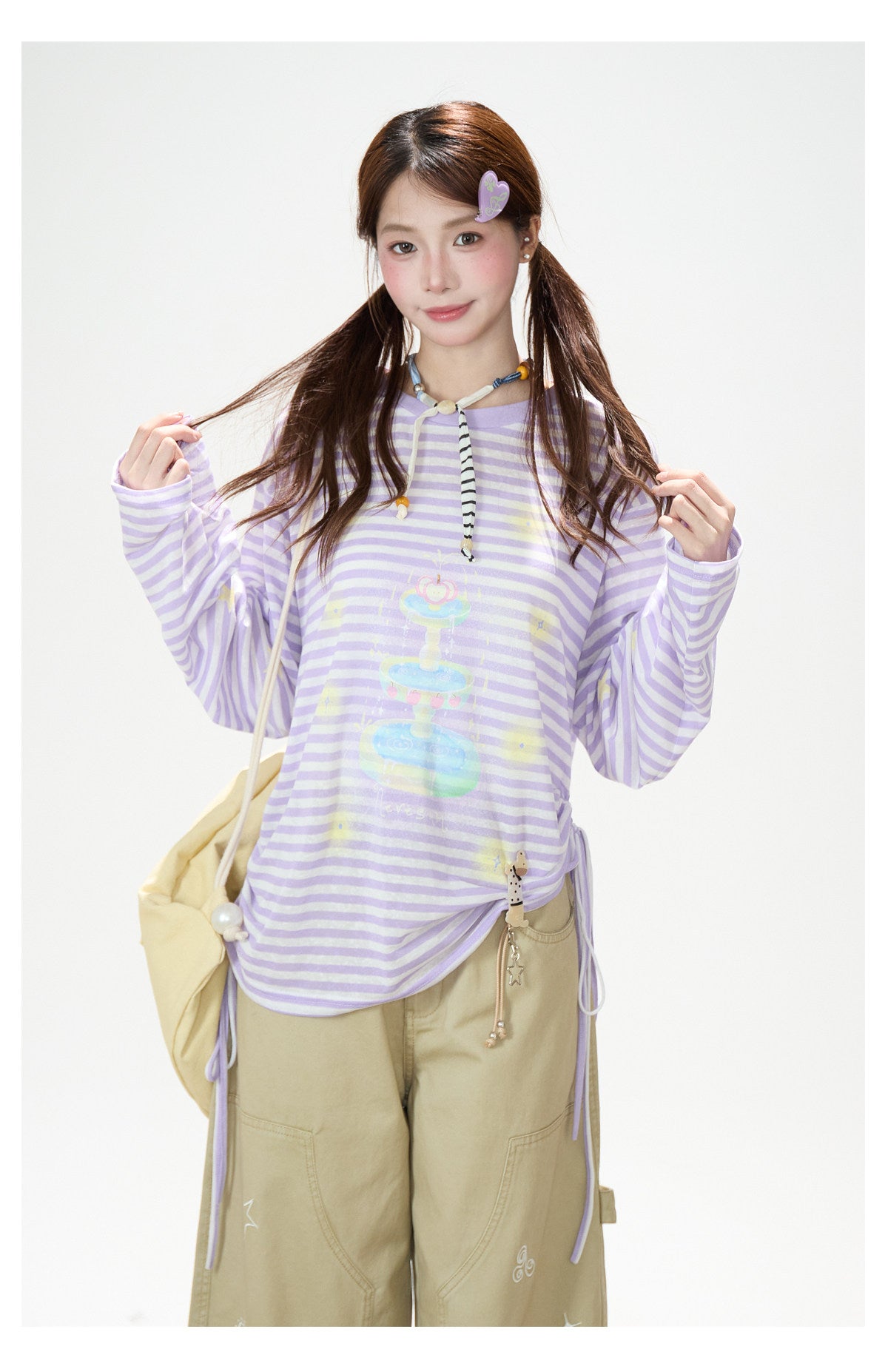 Pastel Stripe Cartoon Drawstring Long Sleeve Top & Khaki Wide-Leg Pants