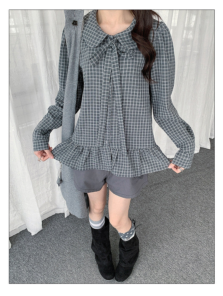Plaid Bow Collar Ruffle Long Sleeve Blouse